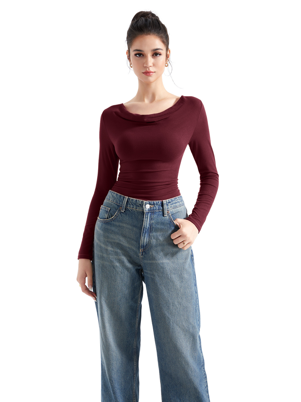 Off Shoulder Cowl Neck Shirt - Long Sleeve