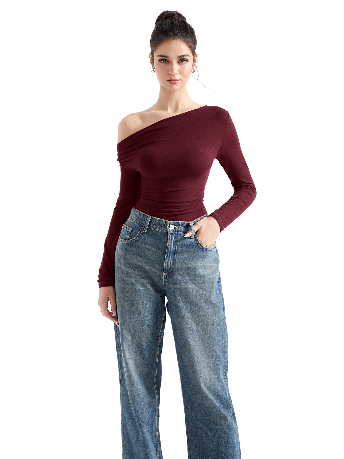 Off Shoulder Cowl Neck Shirt - Long Sleeve