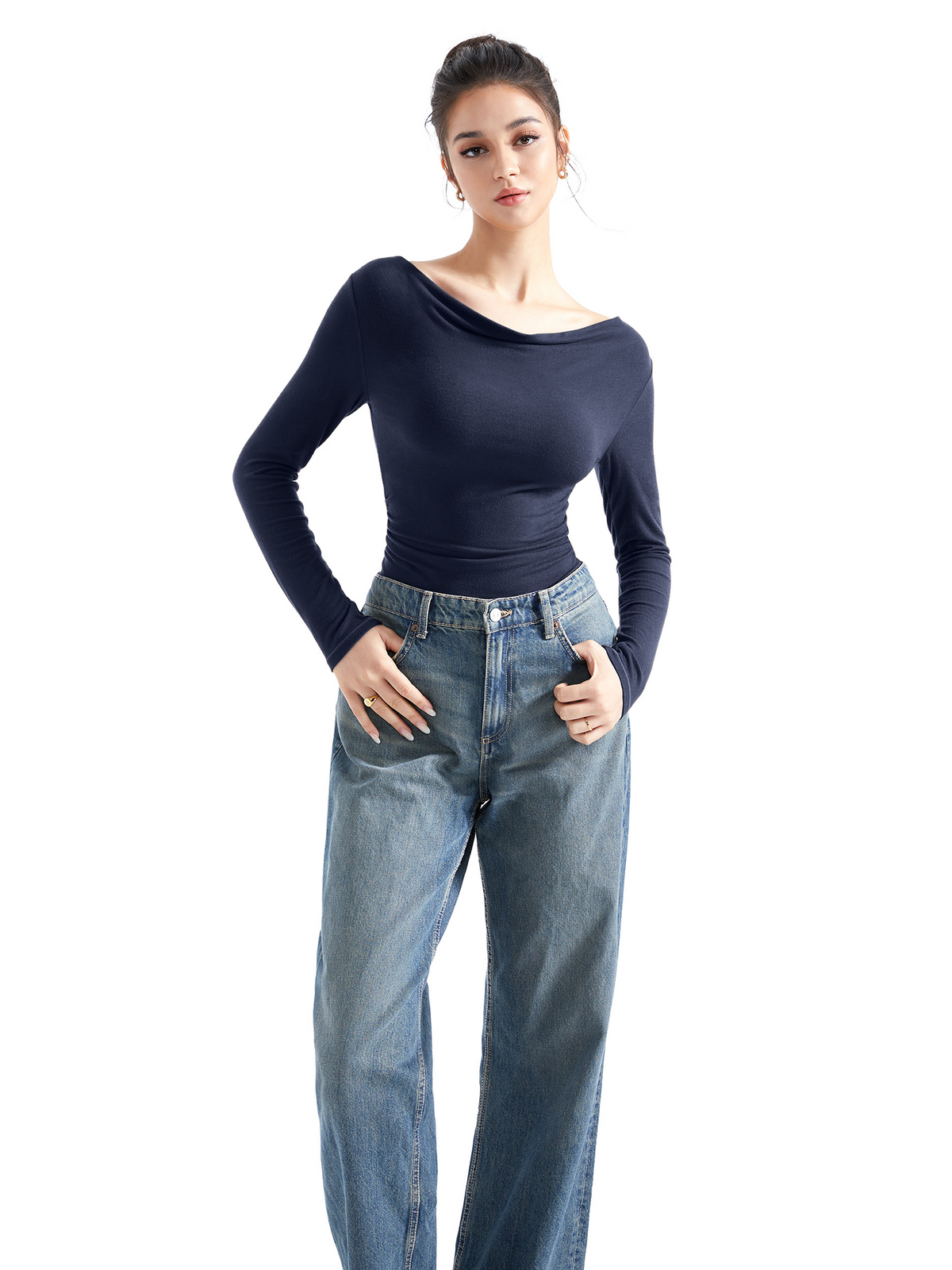 Off Shoulder Cowl Neck Shirt - Long Sleeve