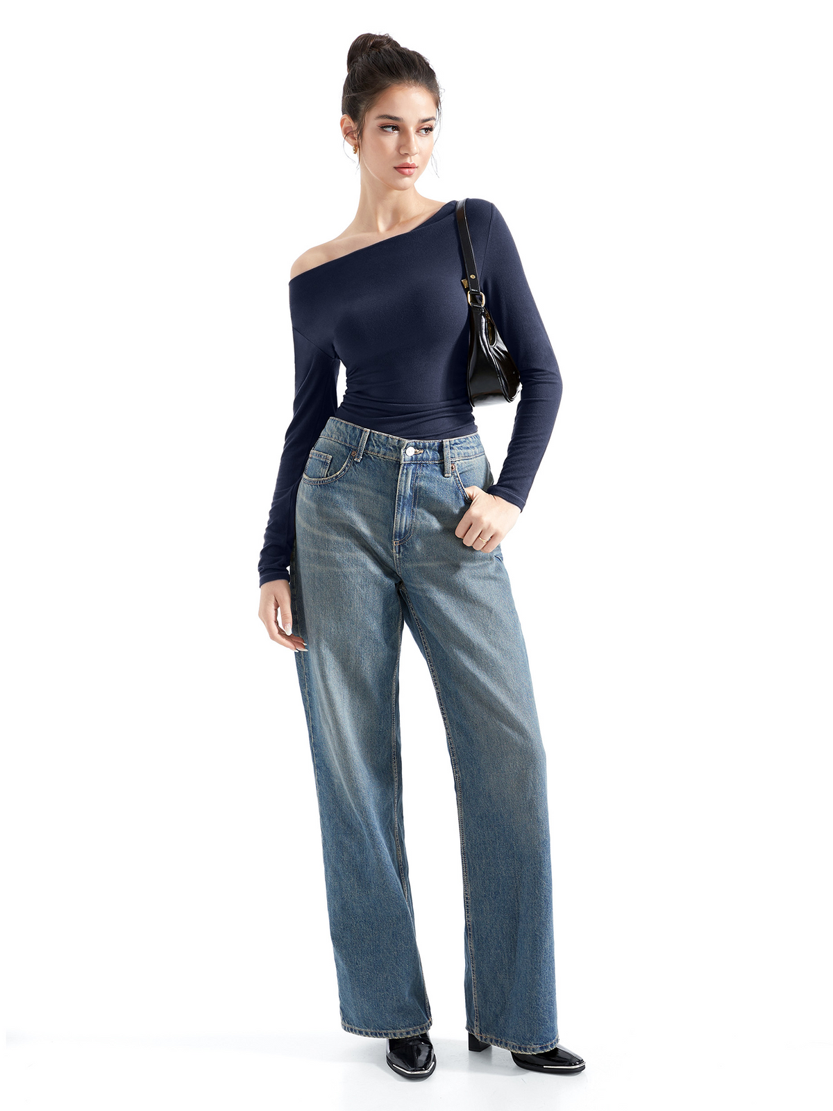 Off Shoulder Cowl Neck Shirt - Long Sleeve