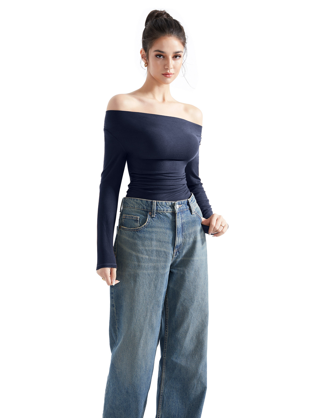 Off Shoulder Cowl Neck Shirt - Long Sleeve