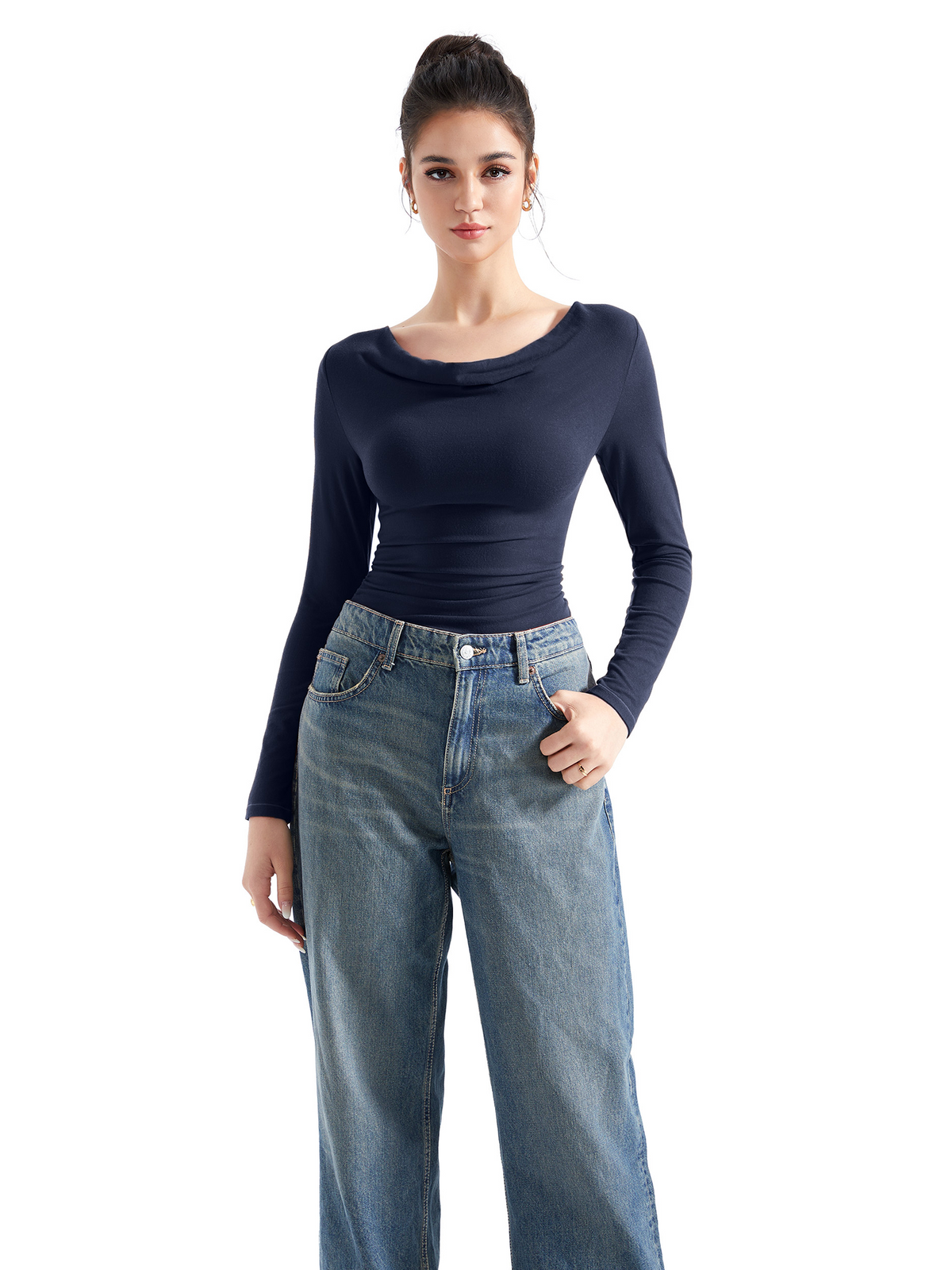 Off Shoulder Cowl Neck Shirt - Long Sleeve