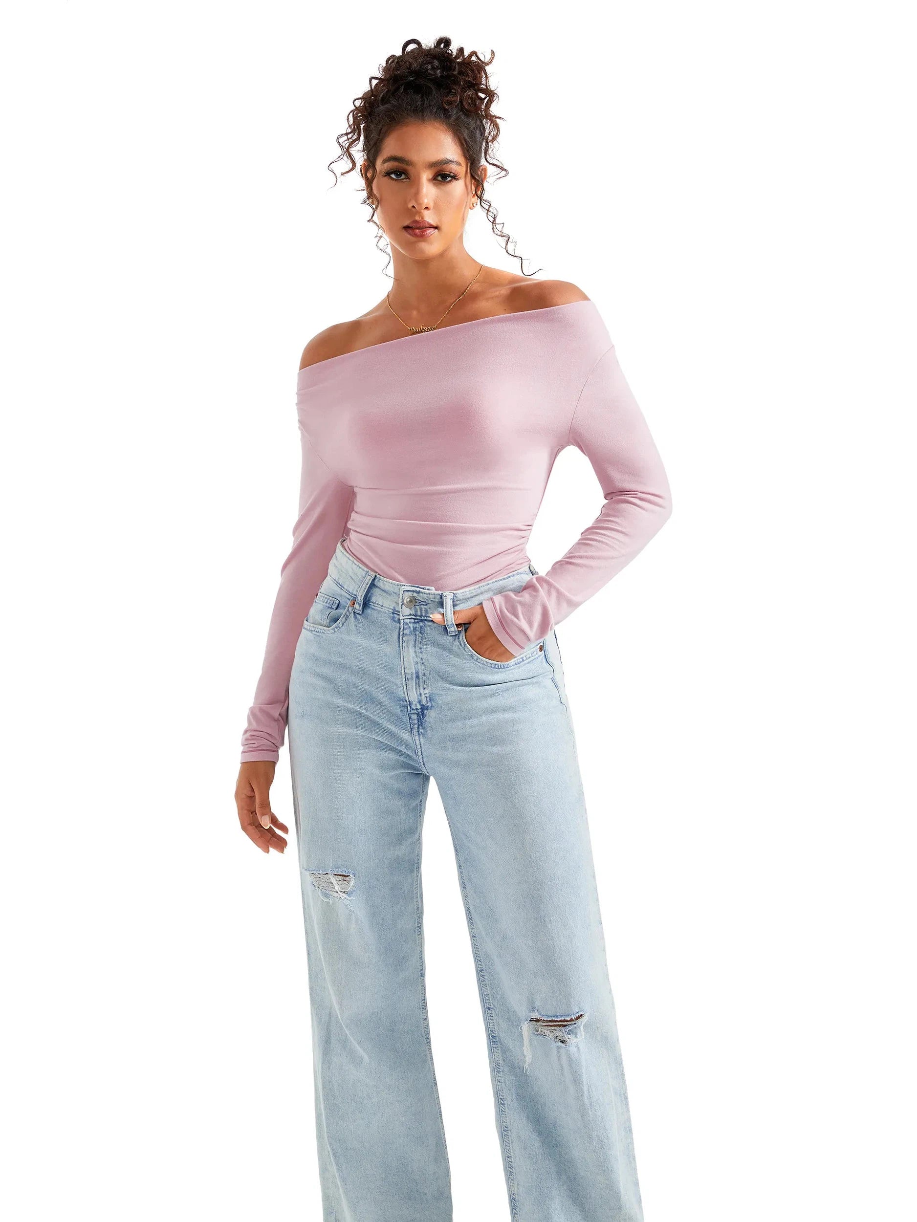 Off Shoulder Cowl Neck Shirt - Long Sleeve-Clothing-SUUKSESS-Pink-XS-SUUKSESS