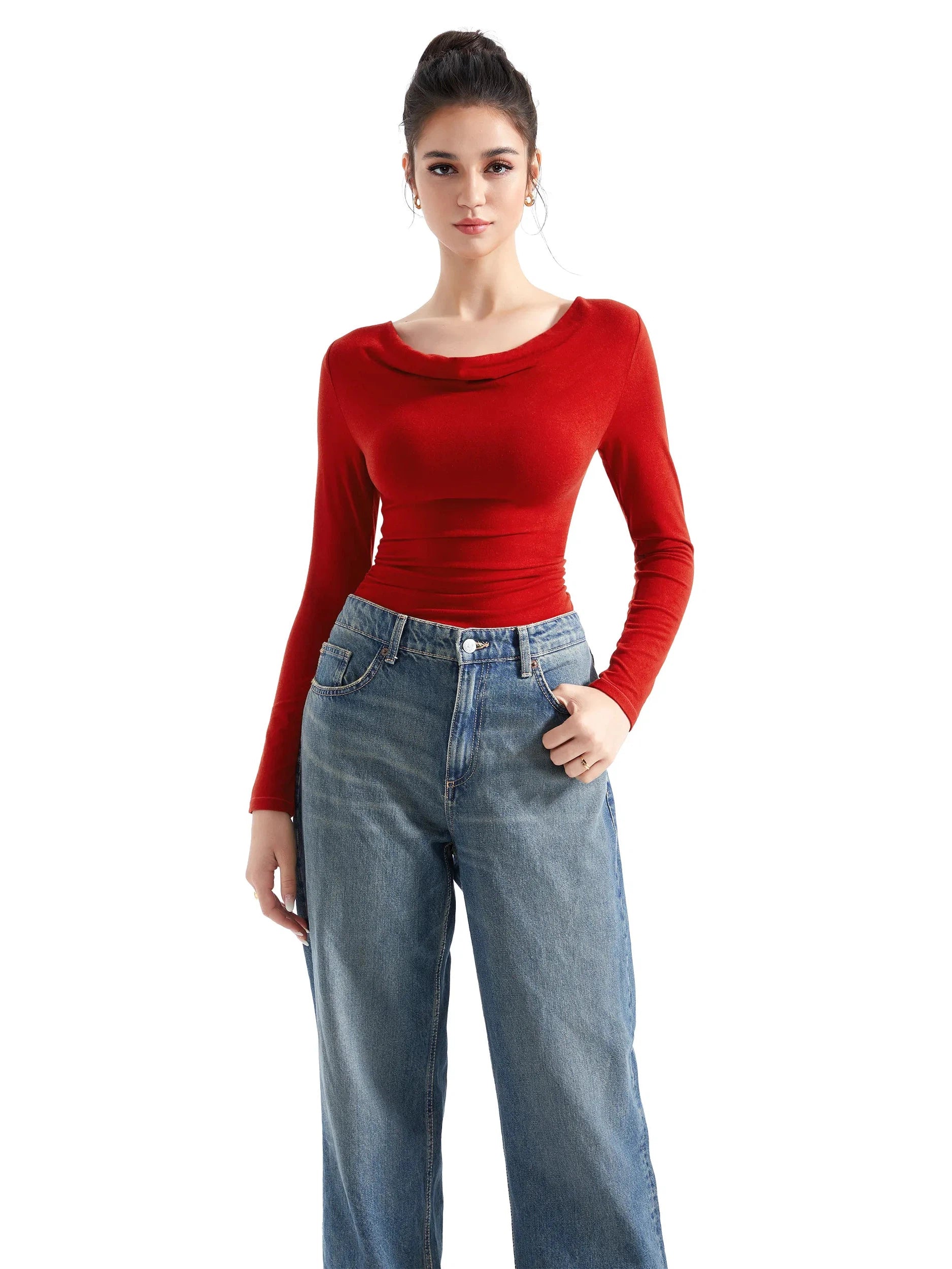 Off Shoulder Cowl Neck Shirt - Long Sleeve-Clothing-SUUKSESS-Red-XS-SUUKSESS