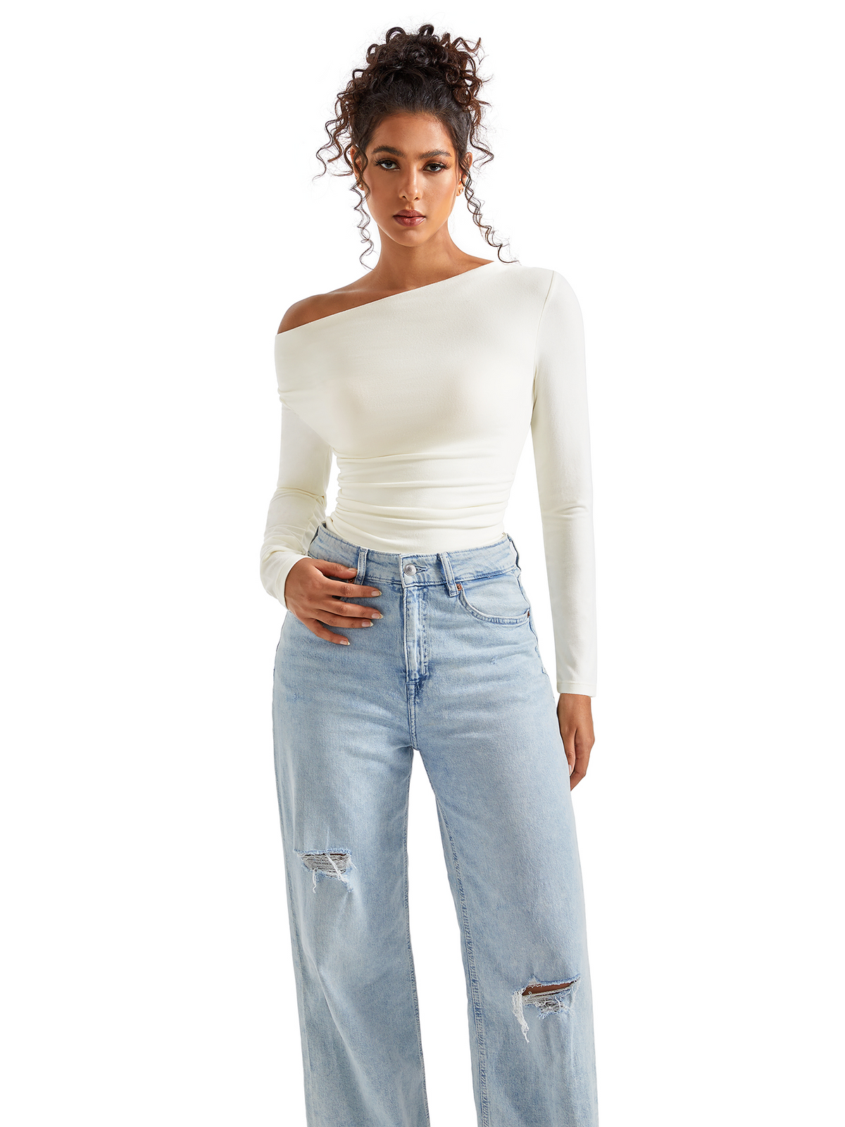 Off Shoulder Cowl Neck Shirt - Long Sleeve