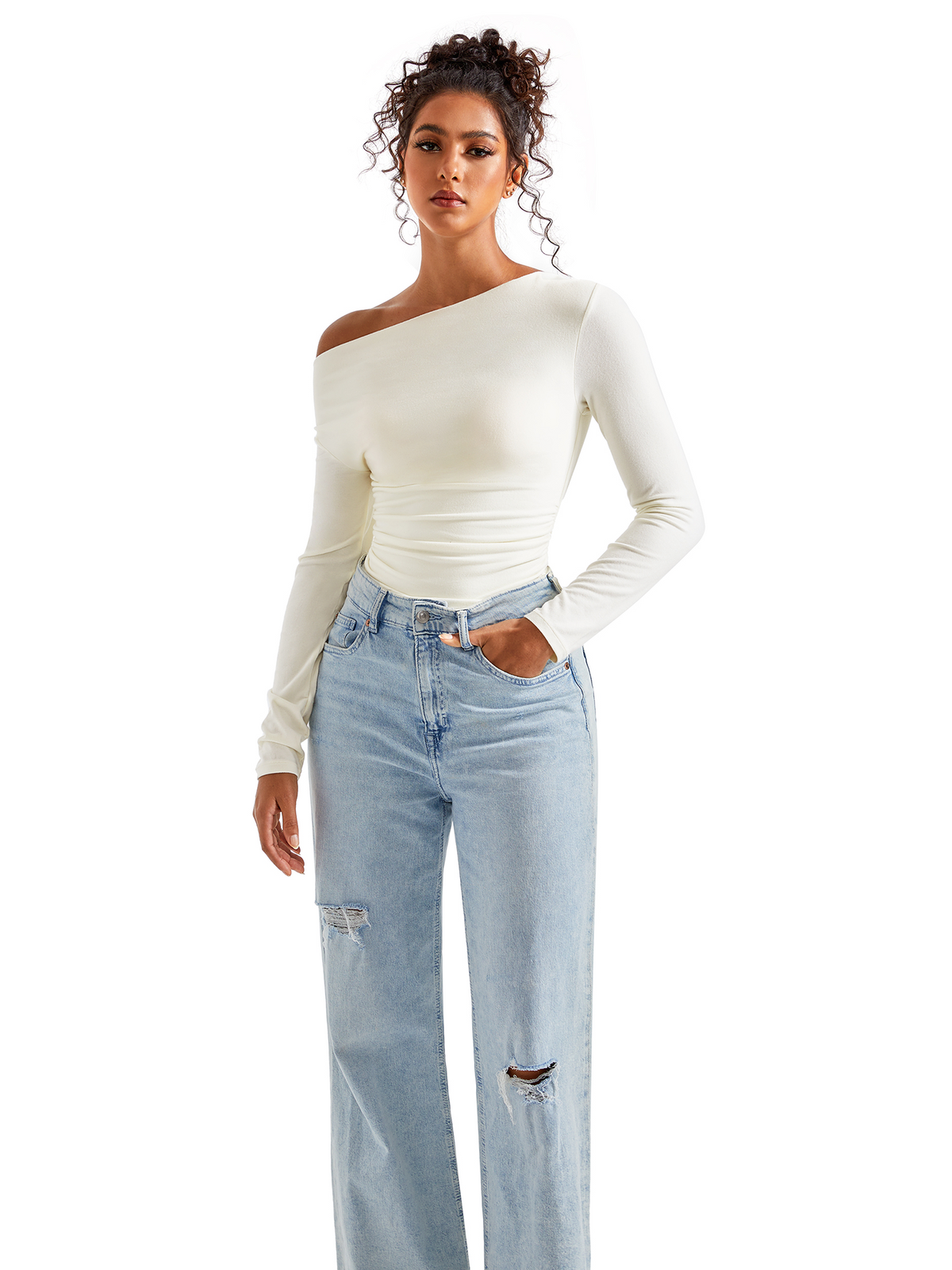Off Shoulder Cowl Neck Shirt - Long Sleeve
