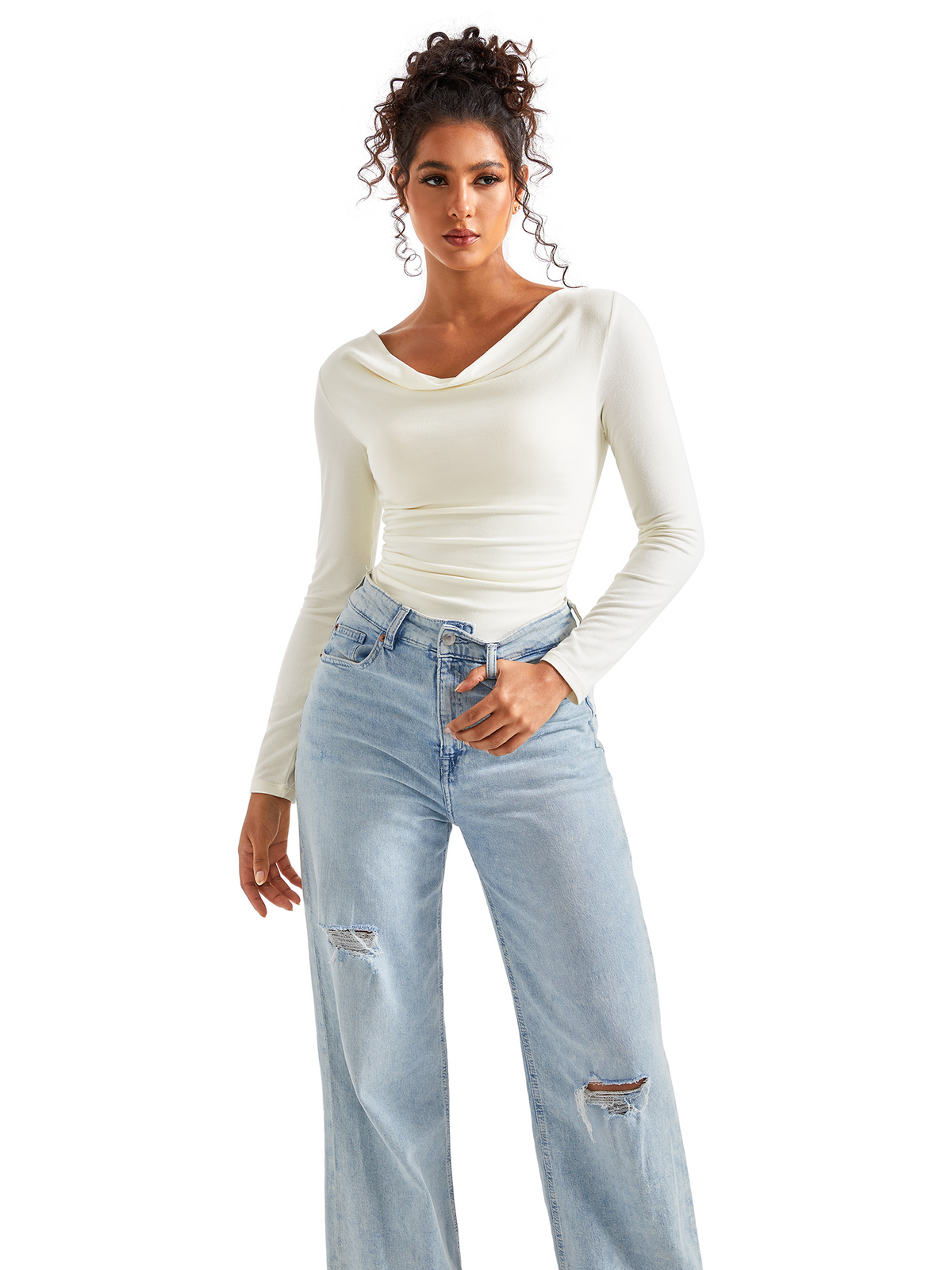 Off Shoulder Cowl Neck Shirt - Long Sleeve