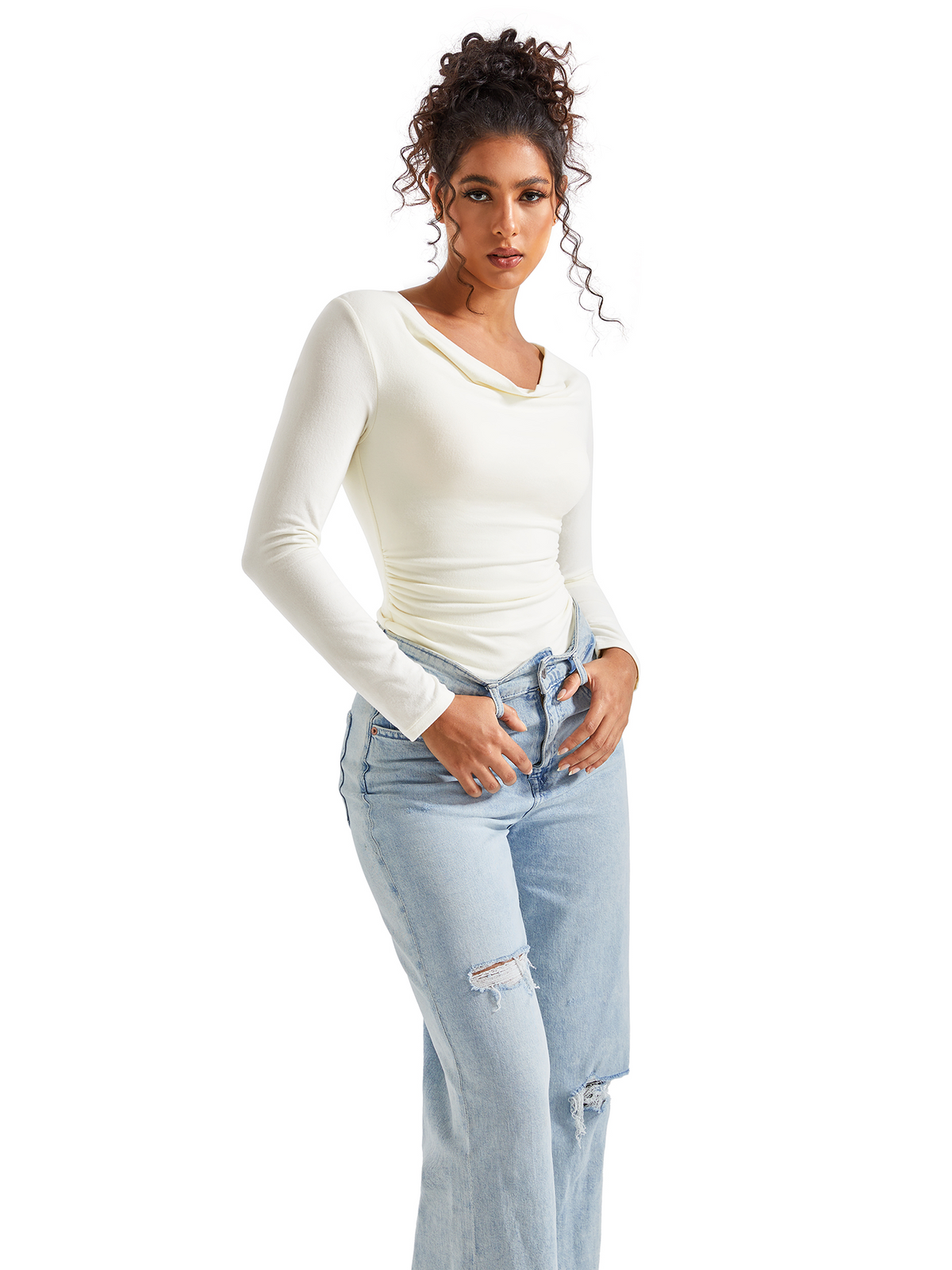 Off Shoulder Cowl Neck Shirt - Long Sleeve