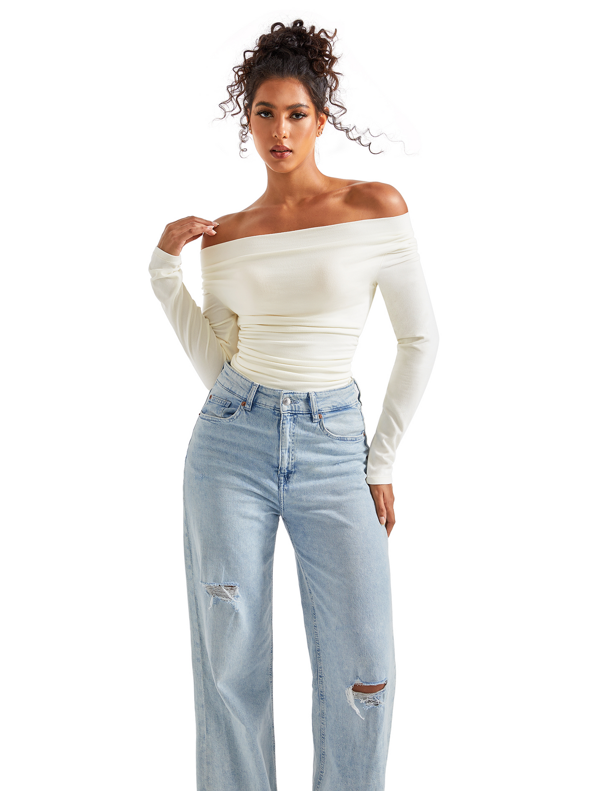 Off Shoulder Cowl Neck Shirt - Long Sleeve