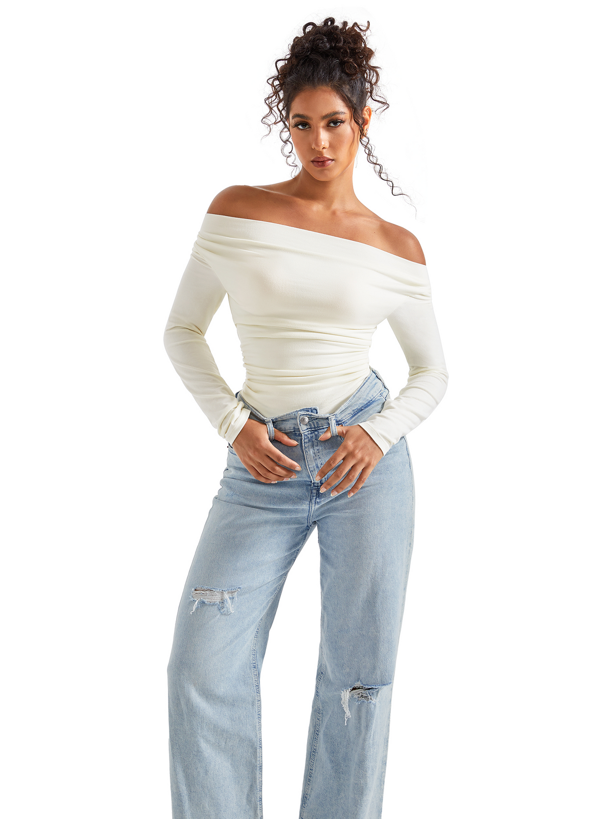 Off Shoulder Cowl Neck Shirt - Long Sleeve