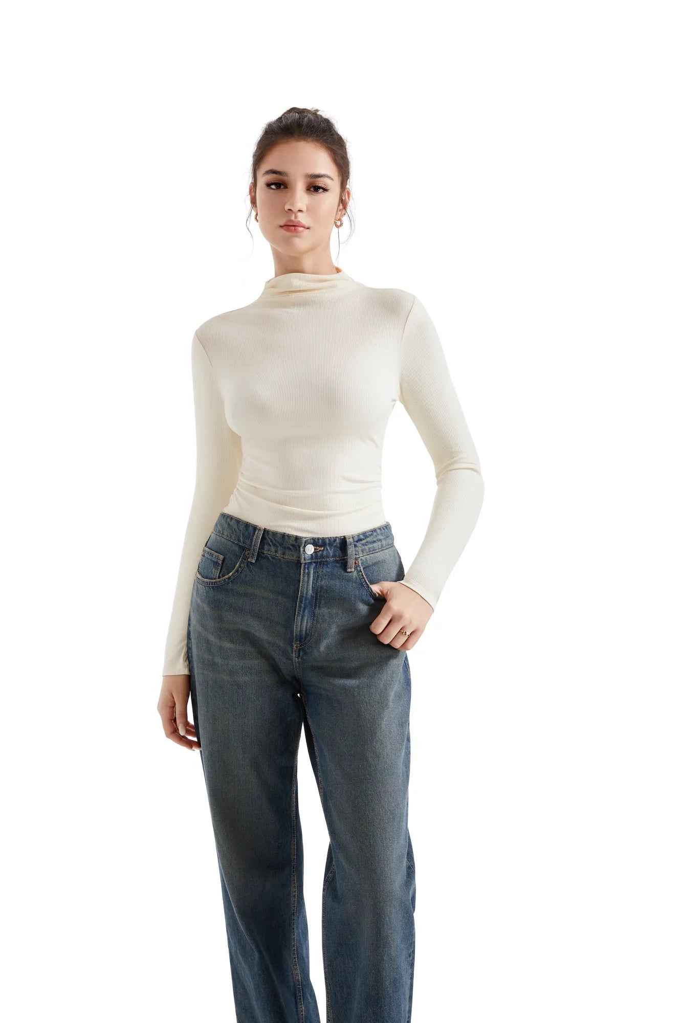 Ribbed Modal High Neck Shirt - Long Sleeve-Clothing-SUUKSESS-Beige-XS-SUUKSESS