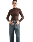 Ribbed Modal High Neck Shirt - Long Sleeve-Clothing-SUUKSESS-Brown-XS-SUUKSESS