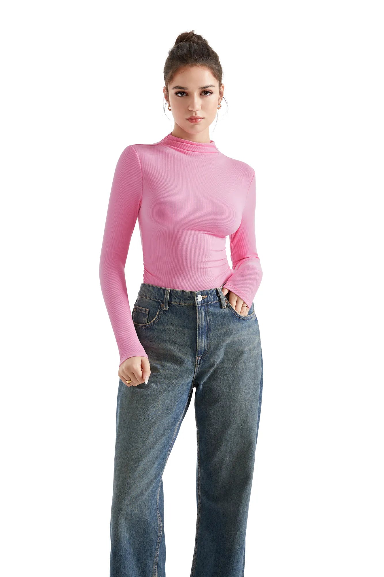 Ribbed Modal High Neck Shirt - Long Sleeve-Clothing-SUUKSESS-Pink-XS-SUUKSESS