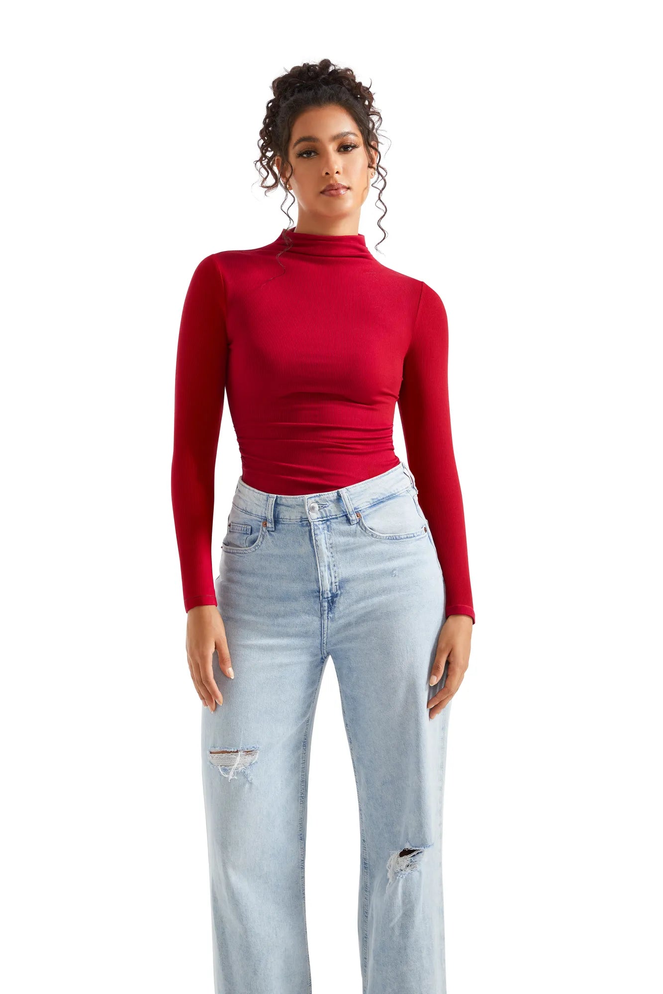 Ribbed Modal High Neck Shirt - Long Sleeve-Clothing-SUUKSESS-Red-XS-SUUKSESS