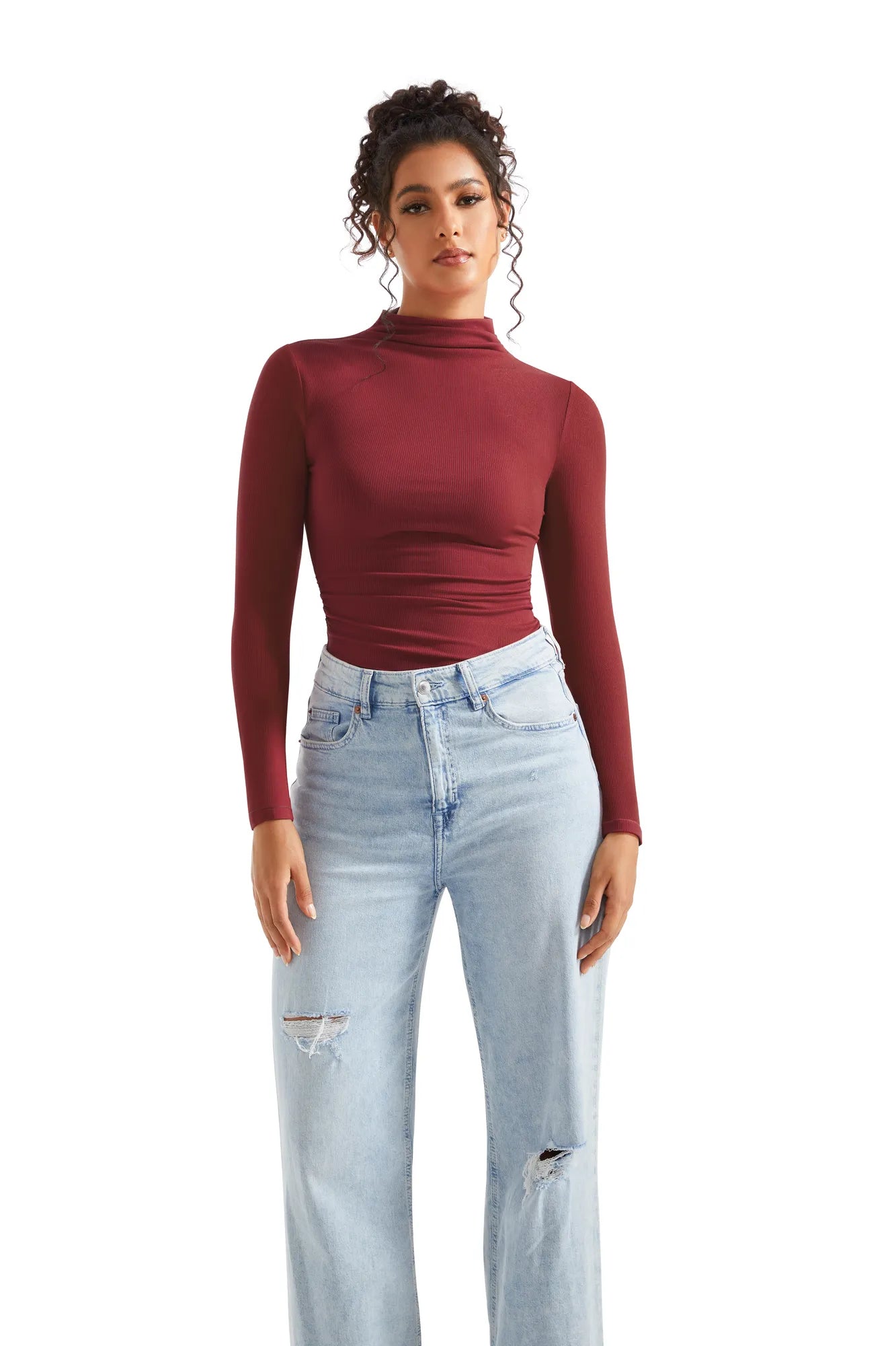 Ribbed Modal High Neck Shirt - Long Sleeve-Clothing-SUUKSESS-Wine-XS-SUUKSESS