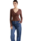 SUUKSESS Women Ribbed Lightweight Cardigan V Neck Button Up Long Sleeve Cropped Modal Tops-SUUKSESS-Brown-S-SUUKSESS