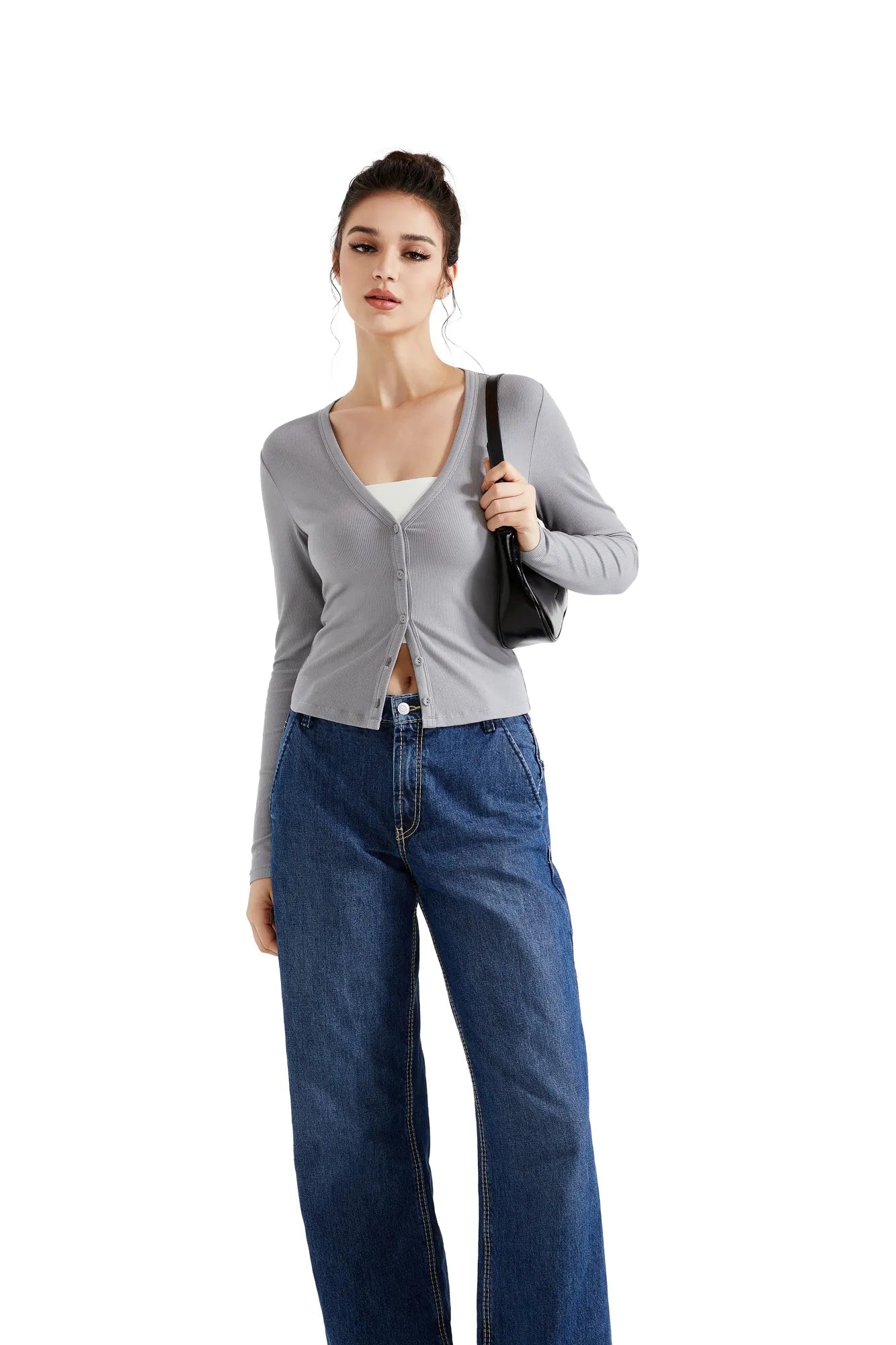 SUUKSESS Women Ribbed Lightweight Cardigan V Neck Button Up Long Sleeve Cropped Modal Tops-SUUKSESS-SUUKSESS