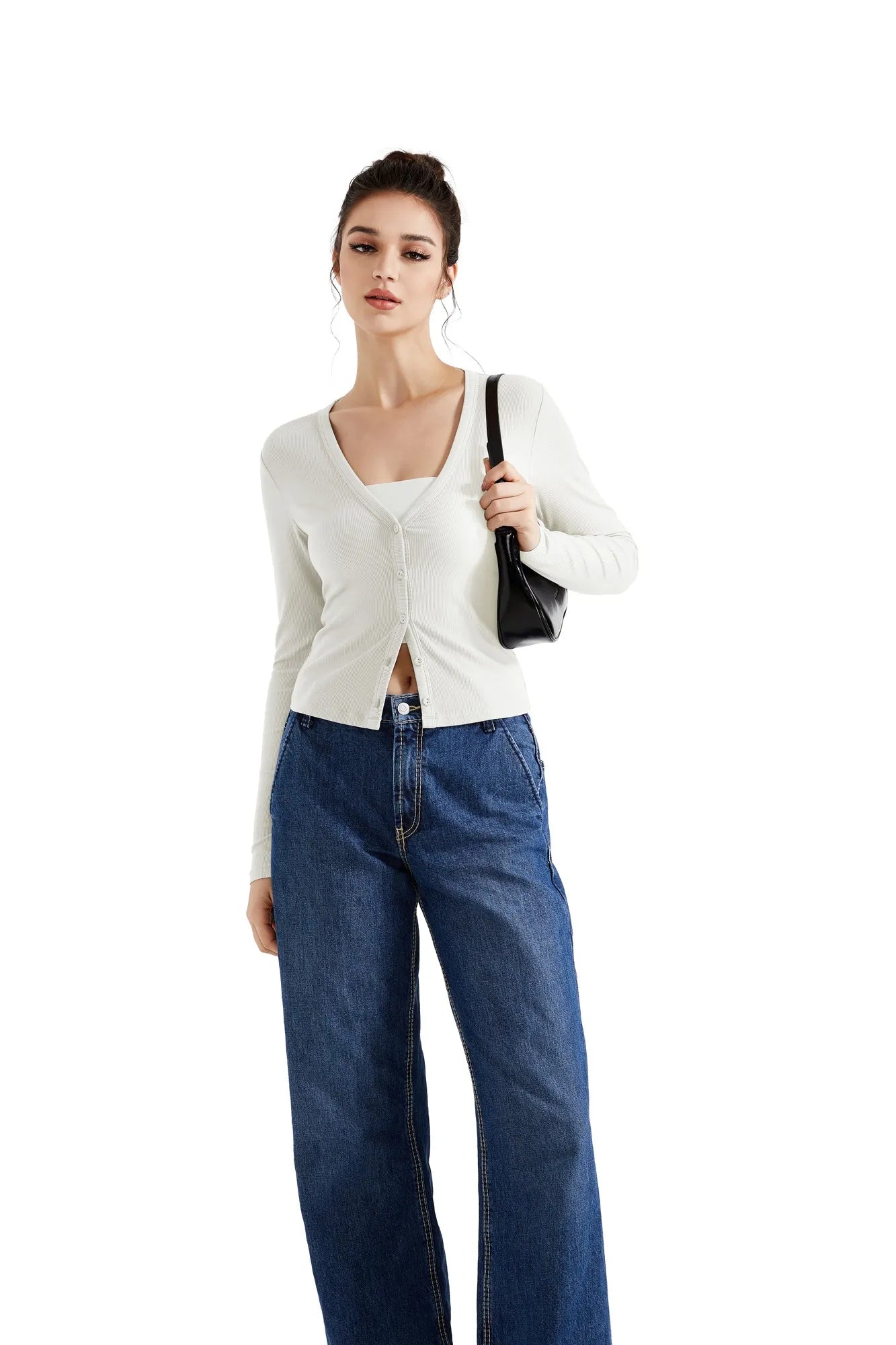 SUUKSESS Women Ribbed Lightweight Cardigan V Neck Button Up Long Sleeve Cropped Modal Tops-SUUKSESS-SUUKSESS