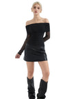 Mesh Off Shoulder Ruched Shirt - Long Sleeve