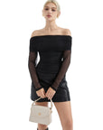 Mesh Off Shoulder Ruched Shirt - Long Sleeve