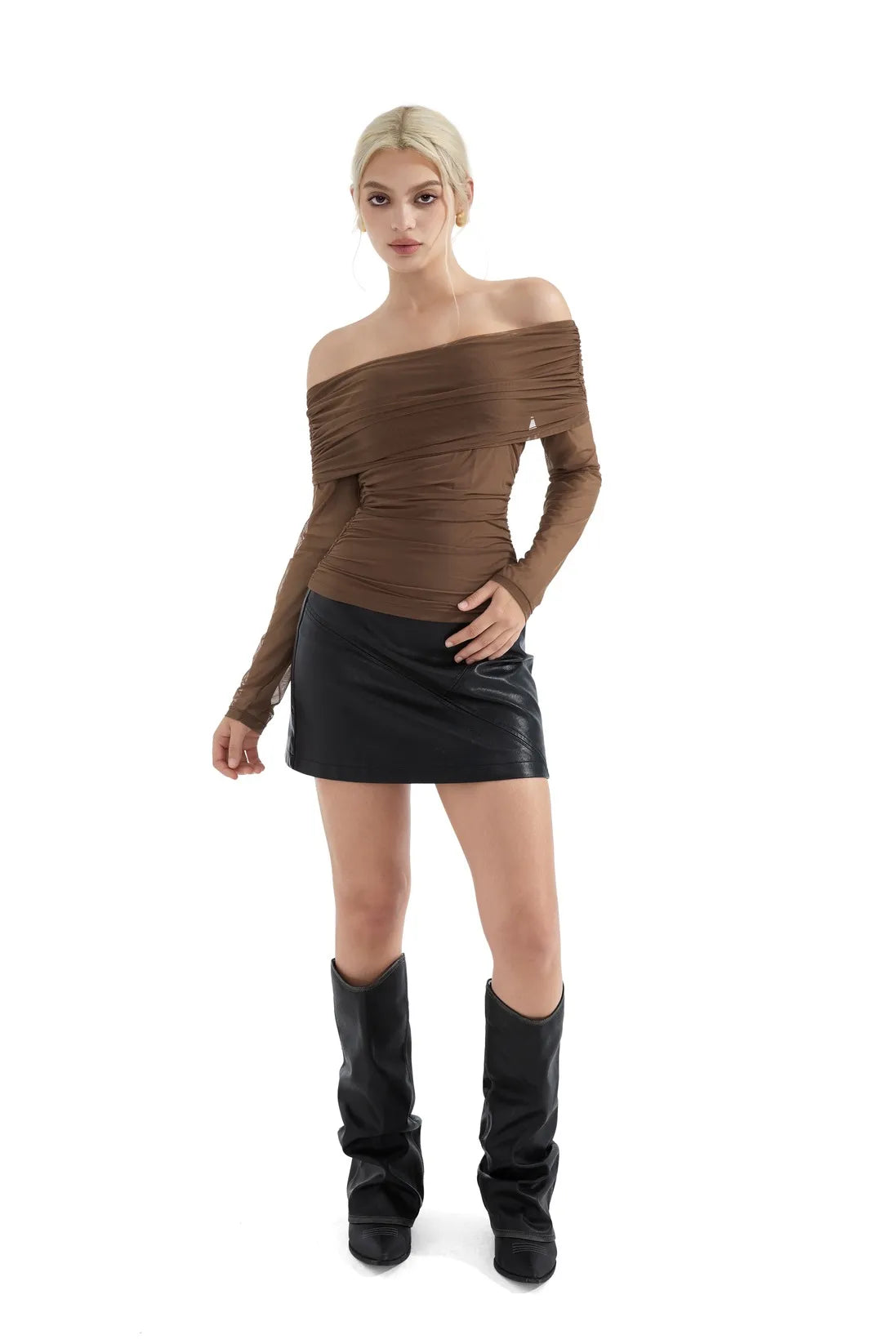 Mesh Off Shoulder Ruched Shirt - Long Sleeve