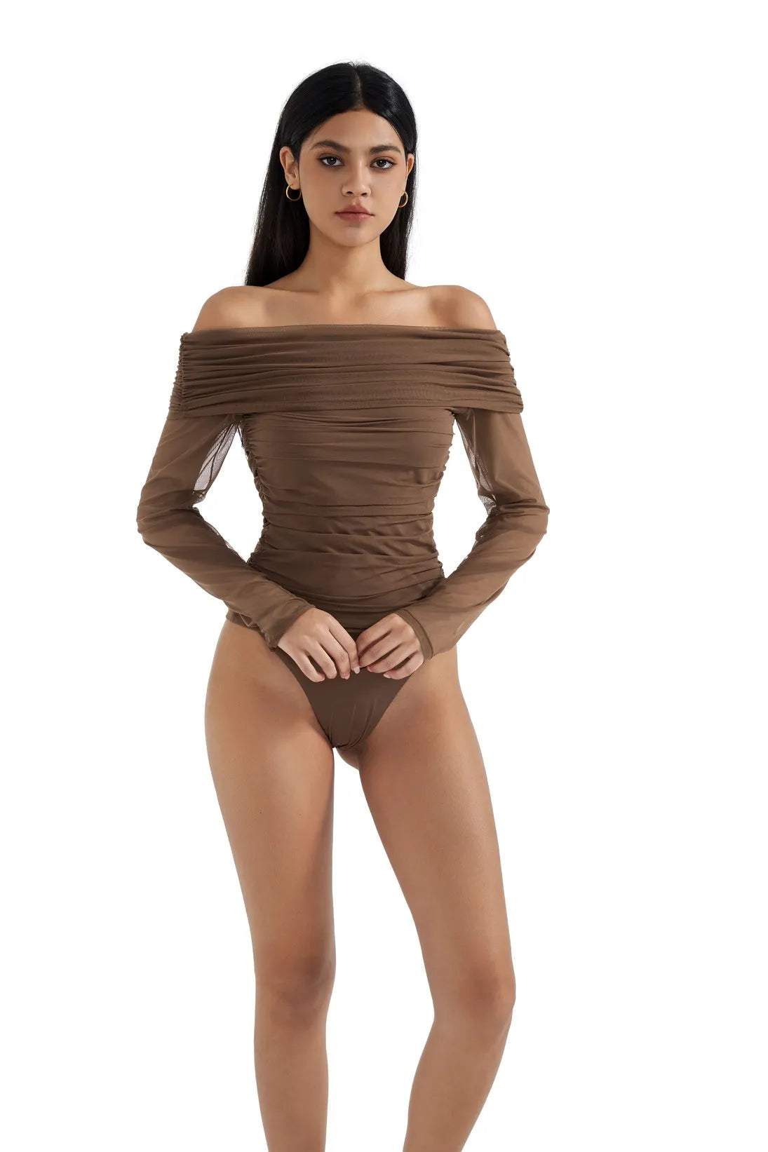 Mesh Off Shoulder Ruched Shirt - Long Sleeve