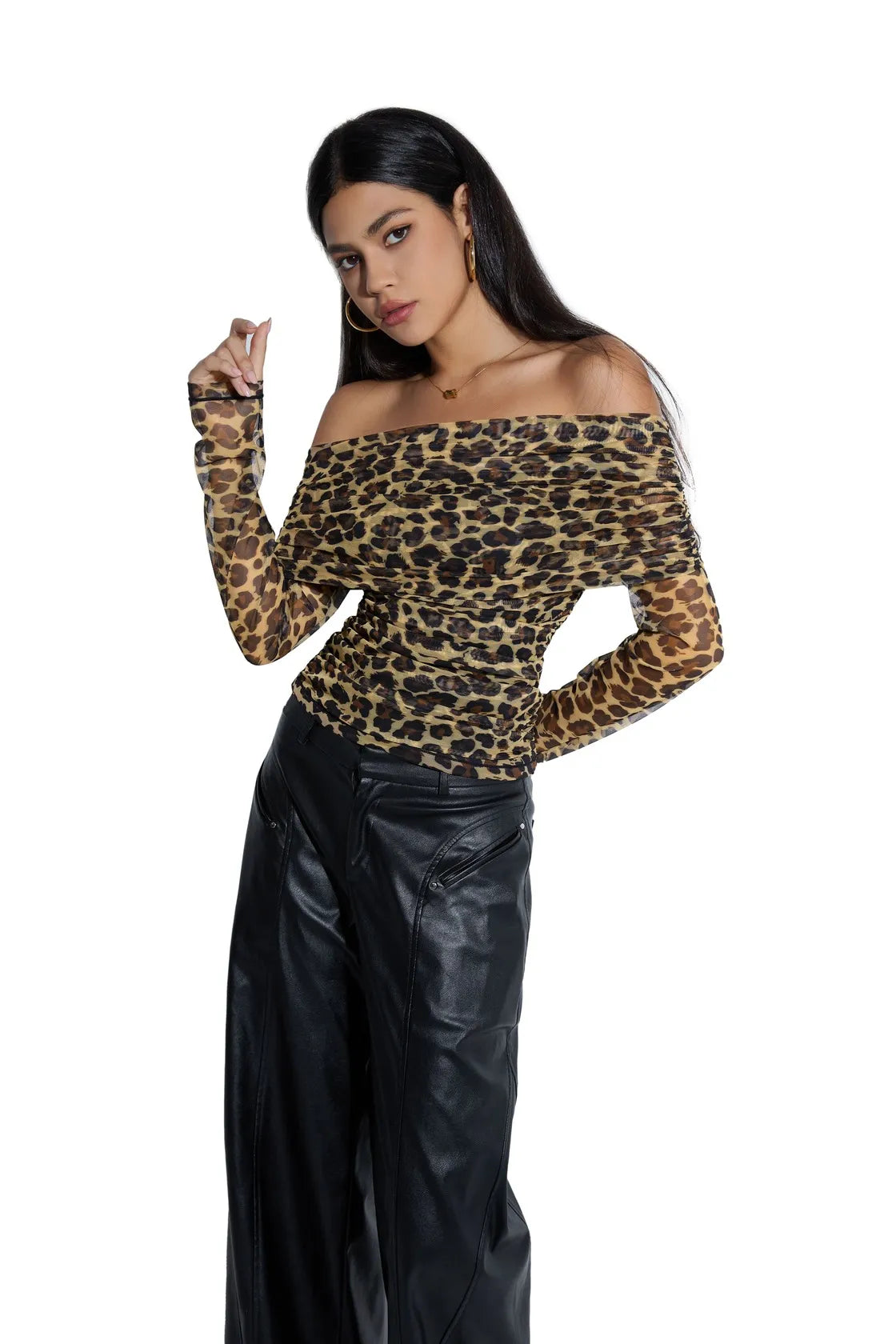 Mesh Off Shoulder Ruched Shirt - Long Sleeve