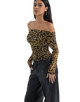 Mesh Off Shoulder Ruched Shirt - Long Sleeve
