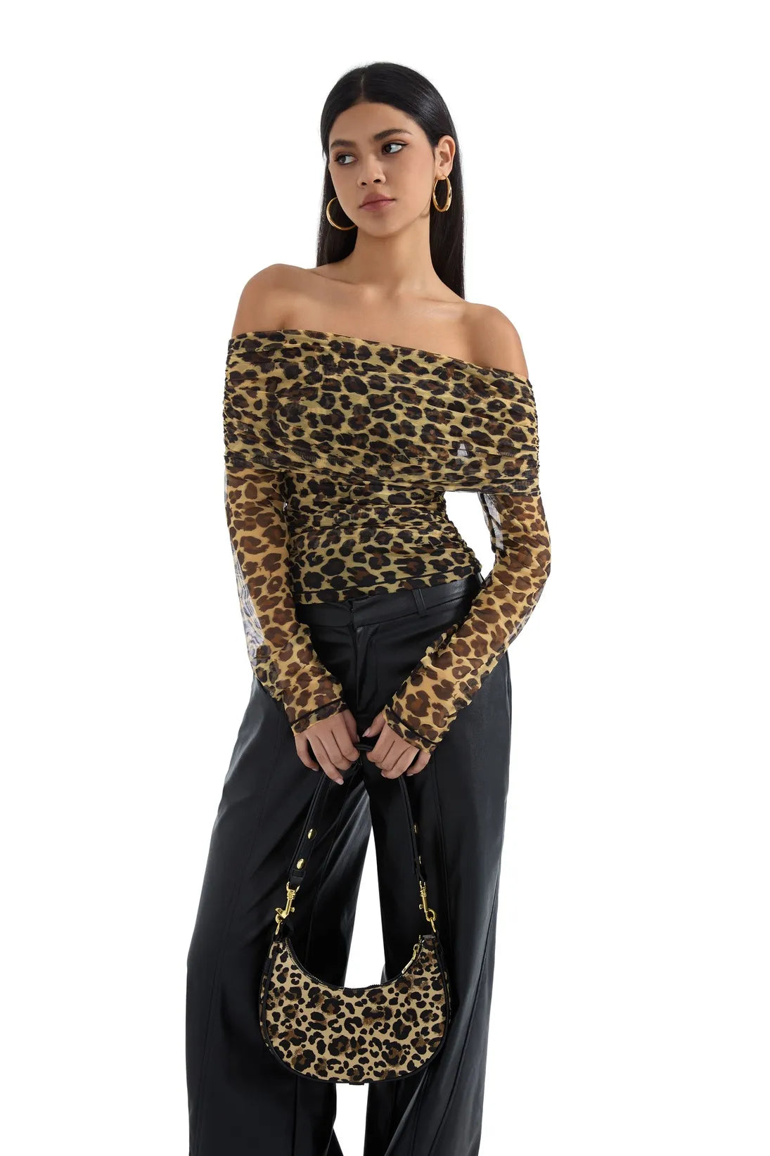 Mesh Off Shoulder Ruched Shirt - Long Sleeve