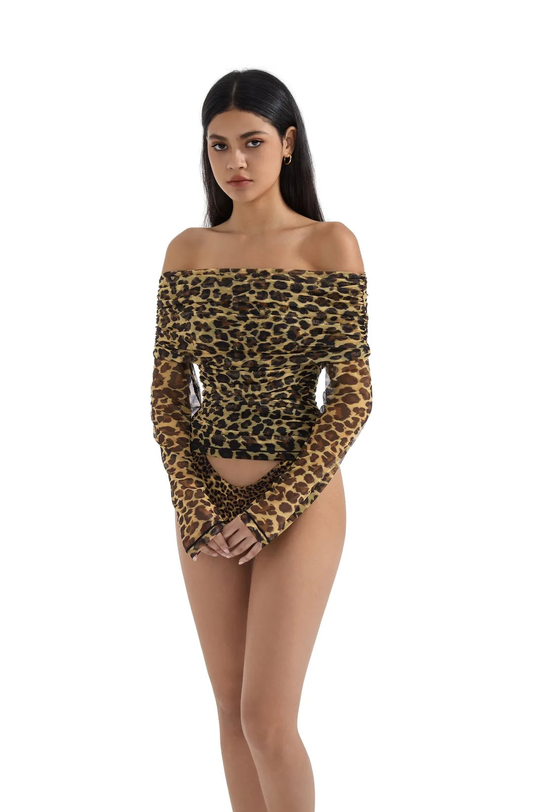 Mesh Off Shoulder Ruched Shirt - Long Sleeve