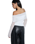 Mesh Off Shoulder Ruched Shirt - Long Sleeve