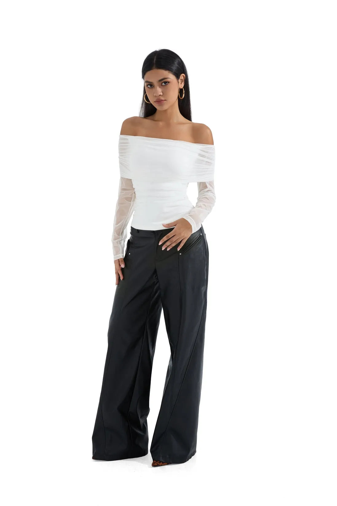 Mesh Off Shoulder Ruched Shirt - Long Sleeve