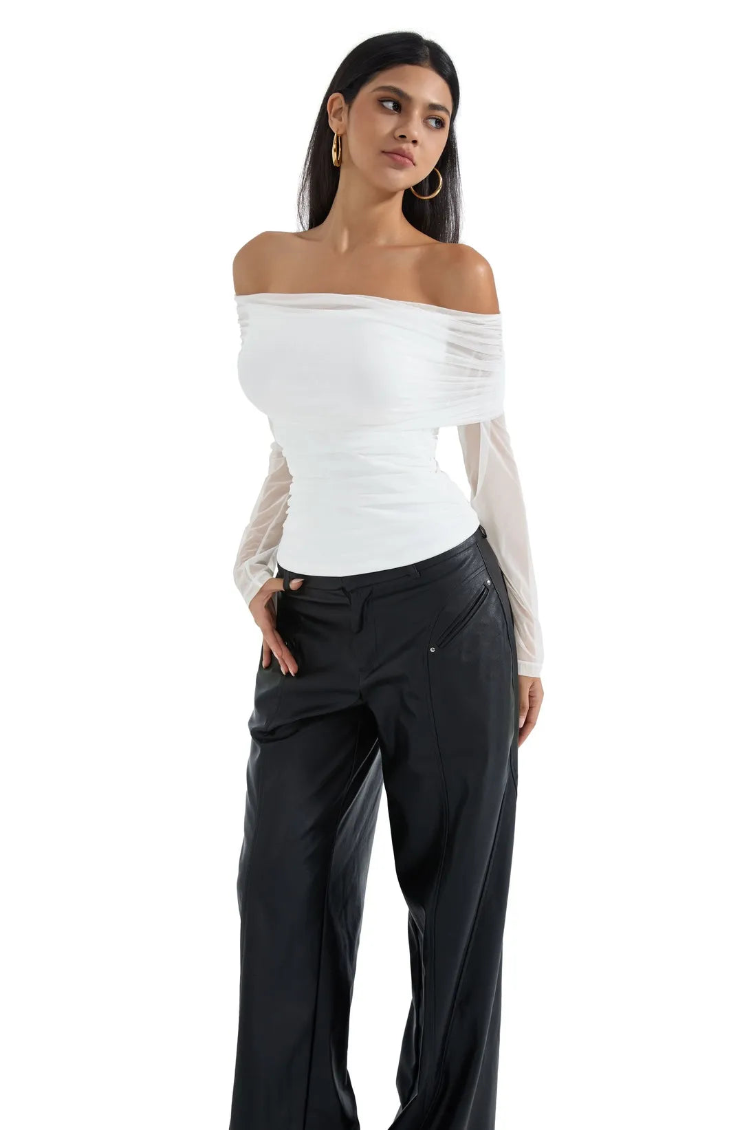 Mesh Off Shoulder Ruched Shirt - Long Sleeve