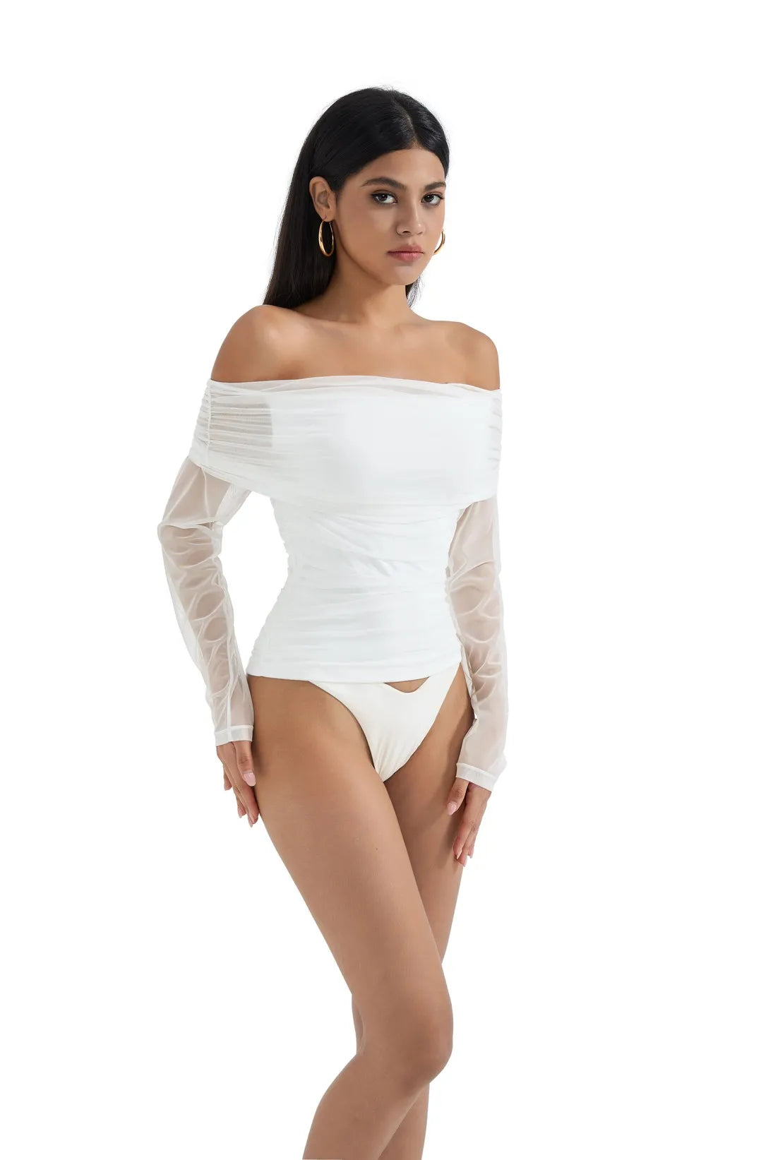 Mesh Off Shoulder Ruched Shirt - Long Sleeve