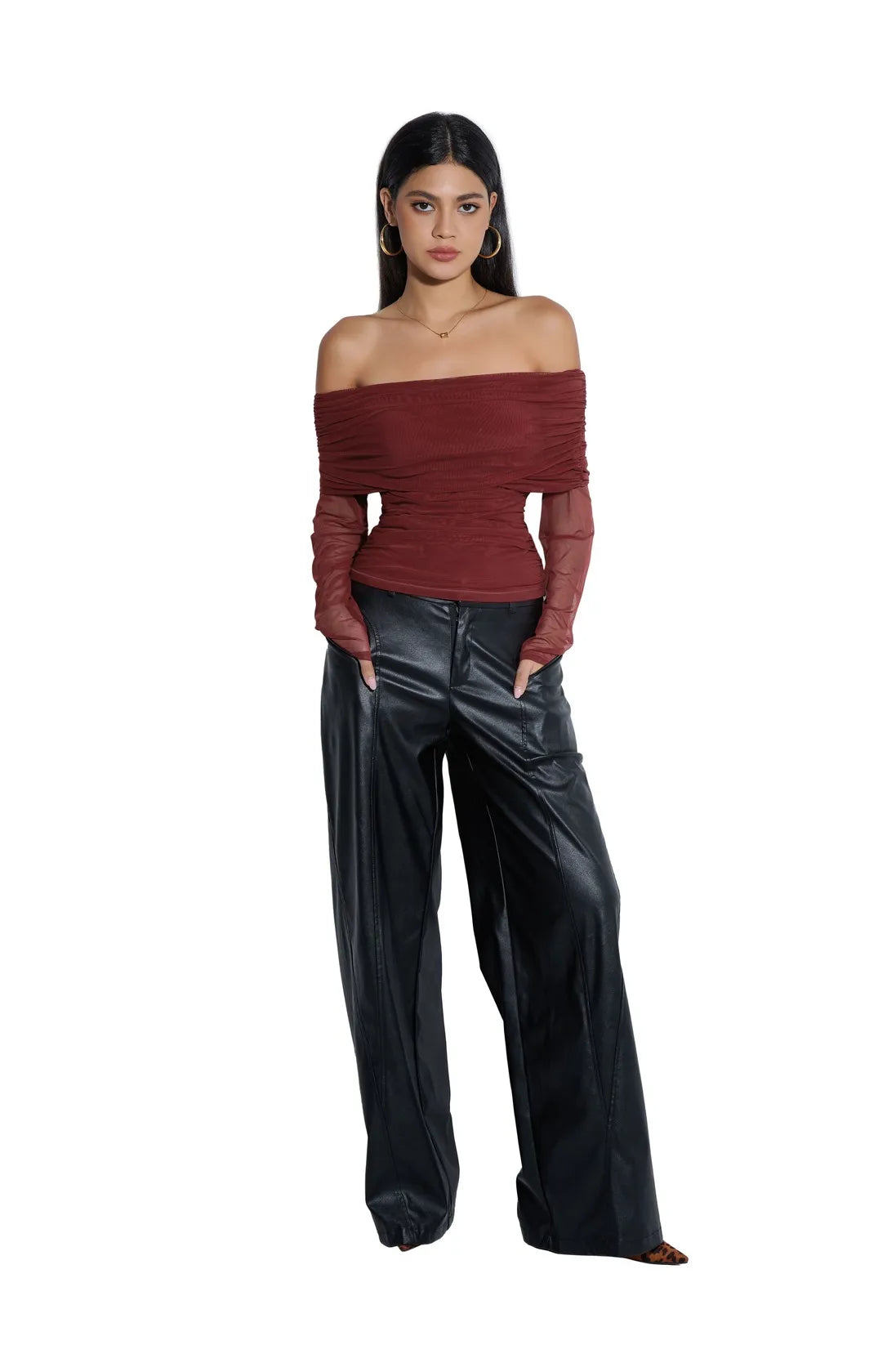 Mesh Off Shoulder Ruched Shirt - Long Sleeve