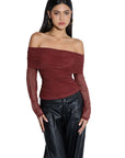 Mesh Off Shoulder Ruched Shirt - Long Sleeve