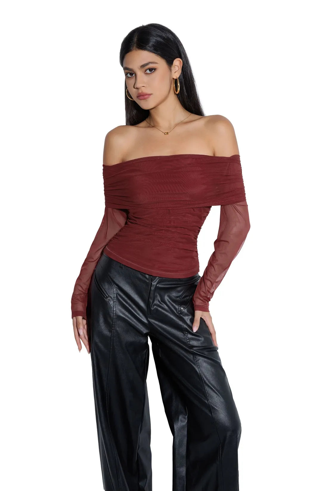 Mesh Off Shoulder Ruched Shirt - Long Sleeve