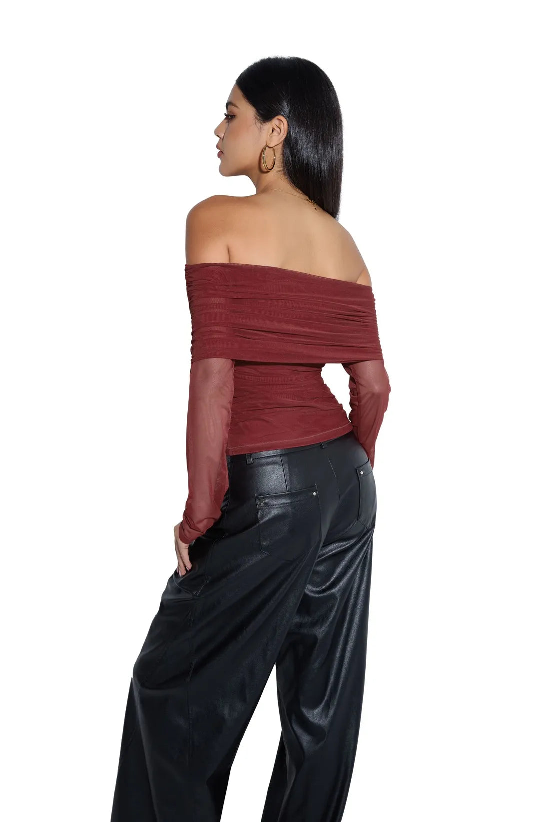Mesh Off Shoulder Ruched Shirt - Long Sleeve
