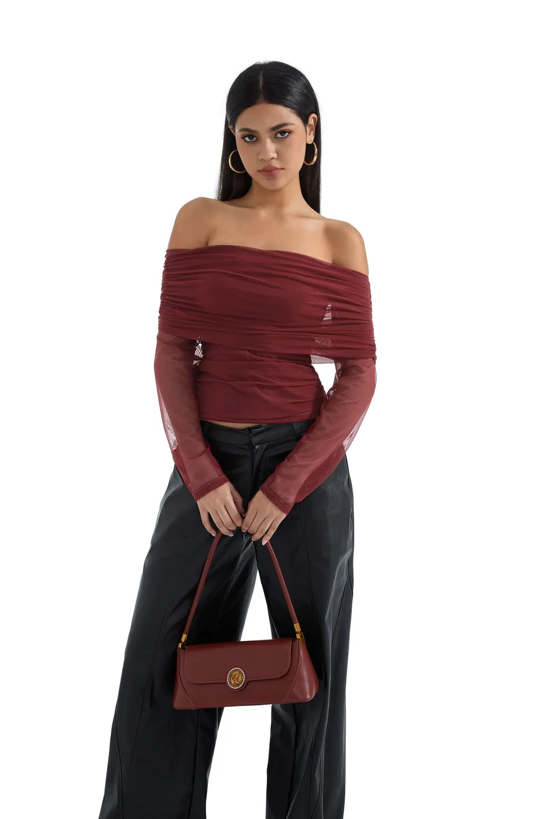 Mesh Off Shoulder Ruched Shirt - Long Sleeve