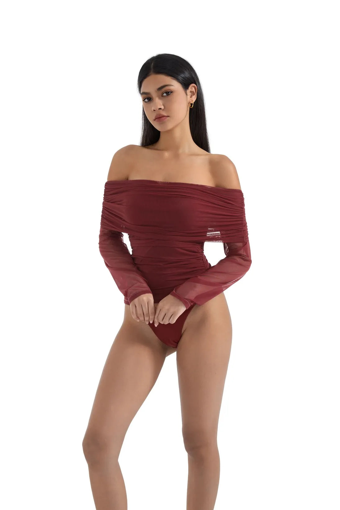 Mesh Off Shoulder Ruched Shirt - Long Sleeve