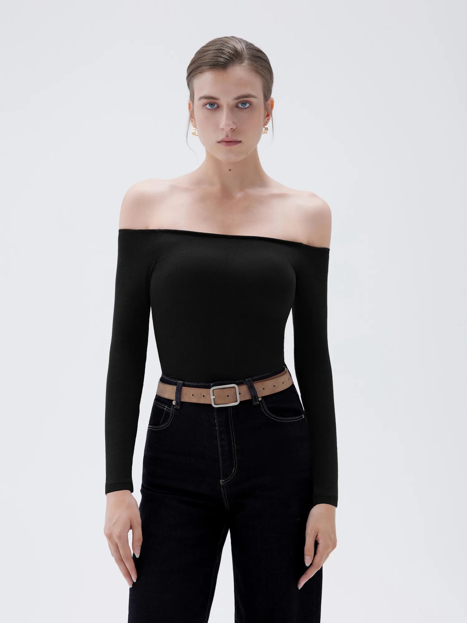 SUUKSESS Women Padded Off The Shoulder Tops Ribbed Long Sleeve Shirts Fall Basic-SUUKSESS-Black-XS-SUUKSESS
