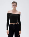 SUUKSESS Women Padded Off The Shoulder Tops Ribbed Long Sleeve Shirts Fall Basic-SUUKSESS-Black-XS-SUUKSESS