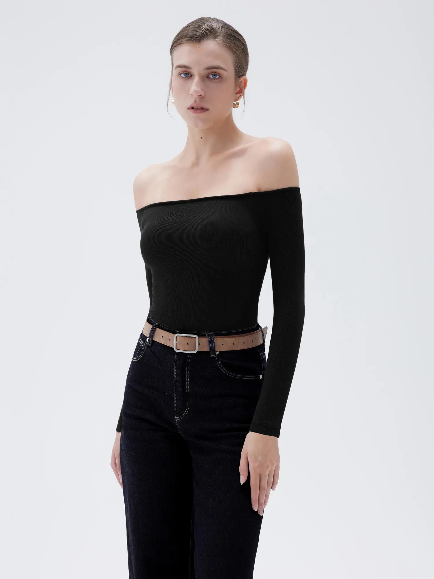 SUUKSESS Women Padded Off The Shoulder Tops Ribbed Long Sleeve Shirts Fall Basic-SUUKSESS-SUUKSESS