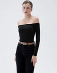 SUUKSESS Women Padded Off The Shoulder Tops Ribbed Long Sleeve Shirts Fall Basic-SUUKSESS-SUUKSESS