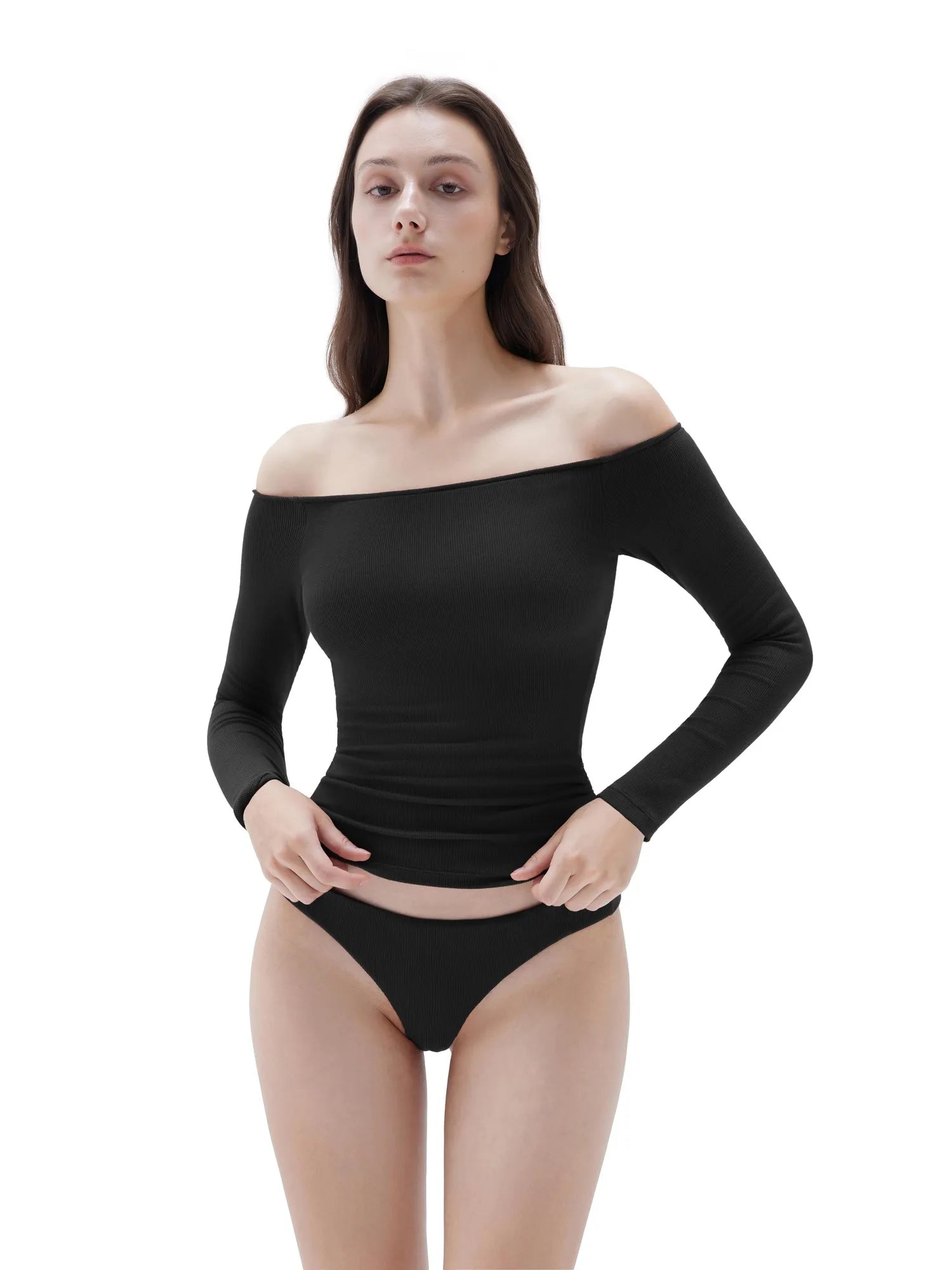 SUUKSESS Women Padded Off The Shoulder Tops Ribbed Long Sleeve Shirts Fall Basic-SUUKSESS-SUUKSESS