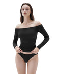 SUUKSESS Women Padded Off The Shoulder Tops Ribbed Long Sleeve Shirts Fall Basic-SUUKSESS-SUUKSESS
