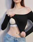 SUUKSESS Women Padded Off The Shoulder Tops Ribbed Long Sleeve Shirts Fall Basic-SUUKSESS-SUUKSESS