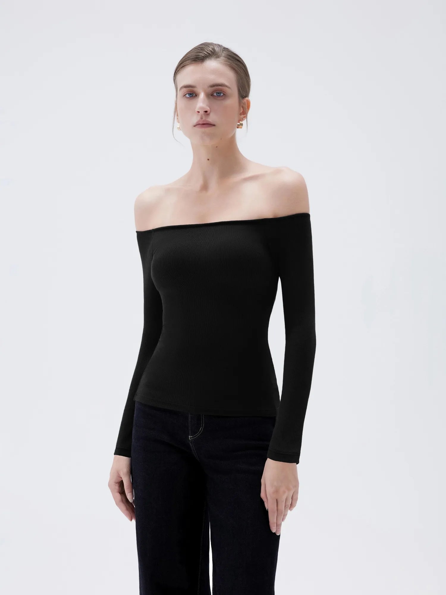 SUUKSESS Women Padded Off The Shoulder Tops Ribbed Long Sleeve Shirts Fall Basic-SUUKSESS-SUUKSESS