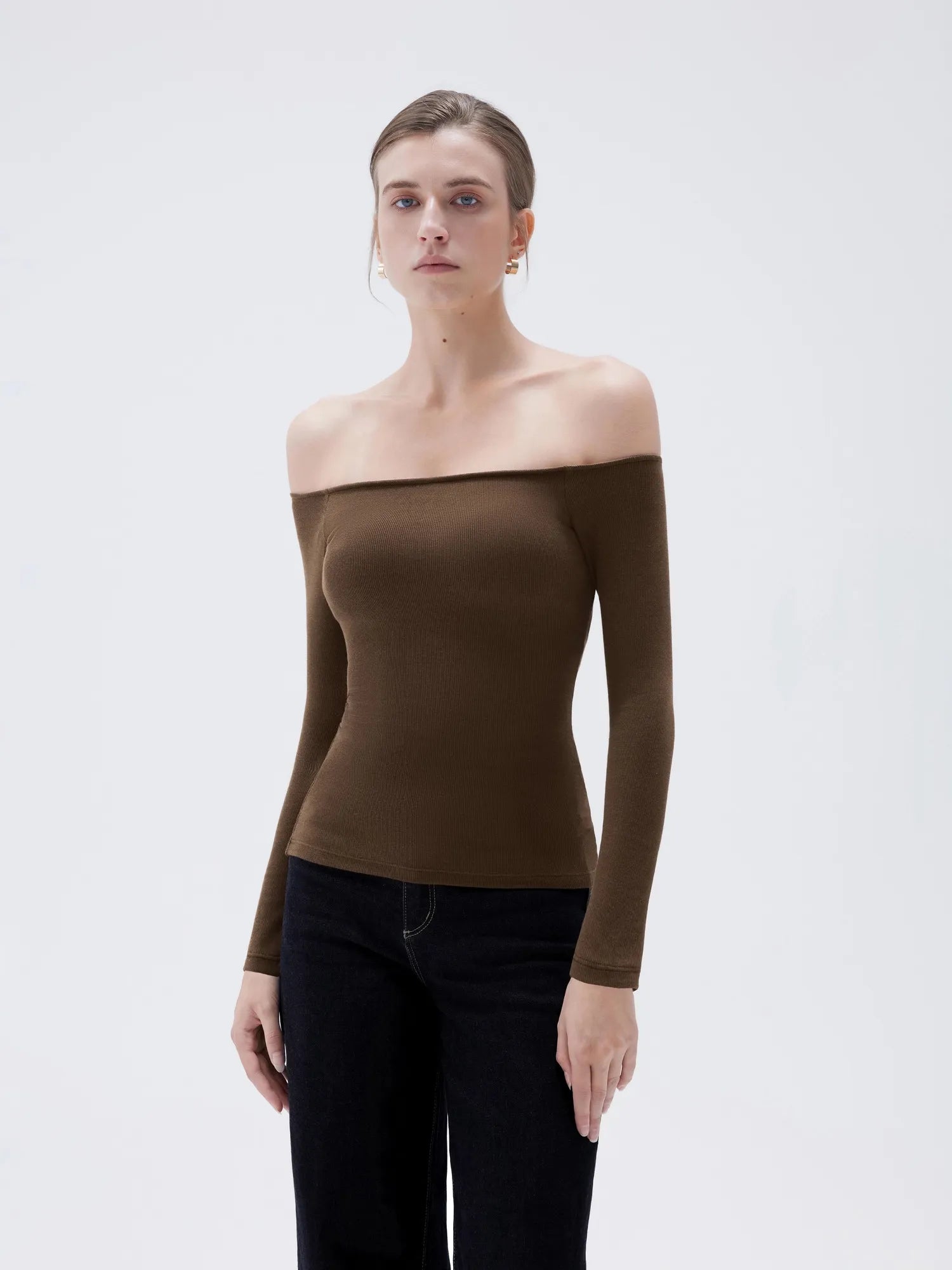 SUUKSESS Women Padded Off The Shoulder Tops Ribbed Long Sleeve Shirts Fall Basic-SUUKSESS-Brown-XS-SUUKSESS