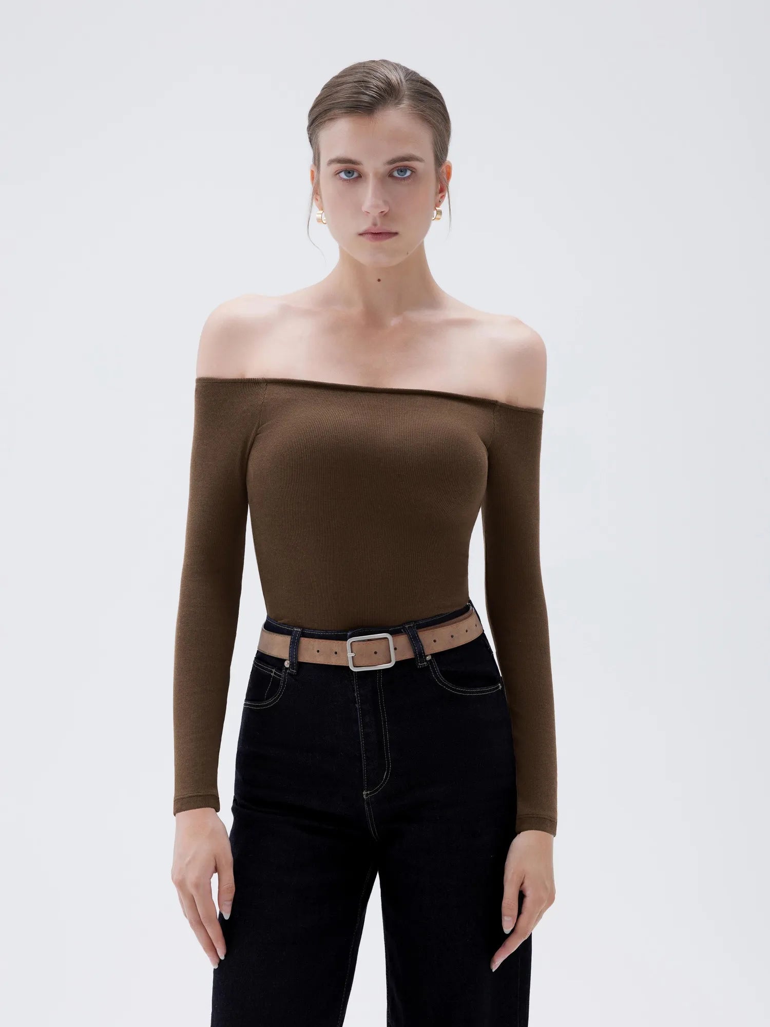 SUUKSESS Women Padded Off The Shoulder Tops Ribbed Long Sleeve Shirts Fall Basic-SUUKSESS-SUUKSESS